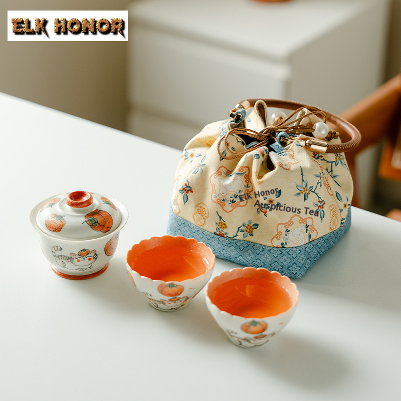 Luxury Bags Hand Painted - Hand-painted Persimmons Travel Tea Set Kit