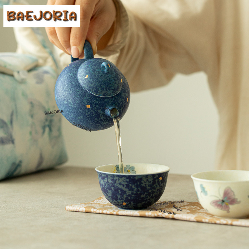 Luxury Bags Hand Painted - Hand-painted Blue Butterfly Travel Tea Set
