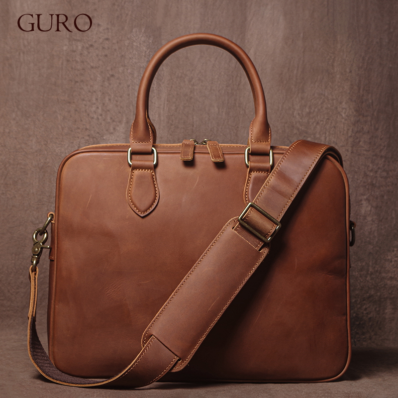 Luxury Bags Vintage - GURO Men Crazy Horse Cowhide Briefcase